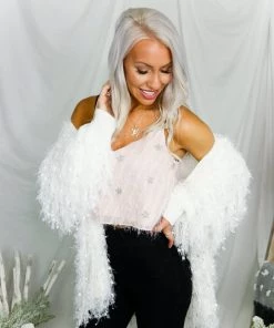 Storia Women's Clothing Fuzzy Pink Cropped Tank With Silver Stars