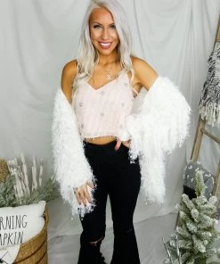 Storia Women's Clothing Fuzzy Pink Cropped Tank With Silver Stars