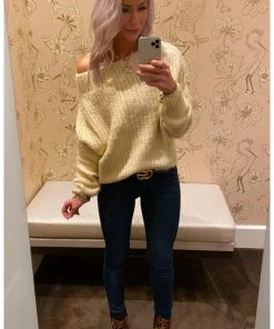 Blue Blush Women's Clothing Fuzzy Off The Shoulder Long Sleeve Sweater - Cream