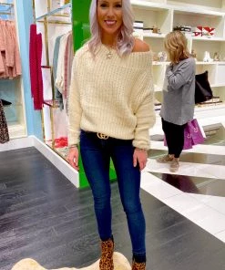 Blue Blush Women's Clothing Fuzzy Off The Shoulder Long Sleeve Sweater - Cream