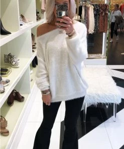 Andre By Unit Fuzzy Off The Shoulder Sweater - White - RESTOCK