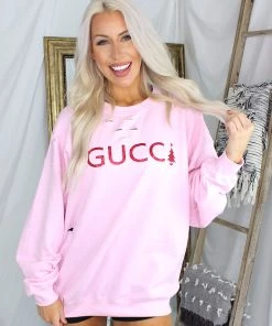 Vintage Distressed GC Pink Cropped Holiday Sweatshirt Women's Clothing