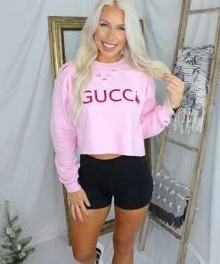 Vintage Distressed GC Pink Cropped Holiday Sweatshirt Women's Clothing