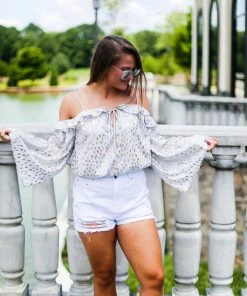 Peach Love California Gold Polka Dot Off The Shoulder Long Sleeve Top