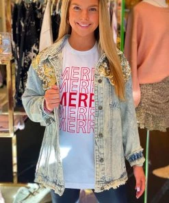 L & B Rose Gold Sequin Distressed Denim Jacket Women's Clothing