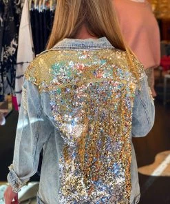 L & B Rose Gold Sequin Distressed Denim Jacket Women's Clothing