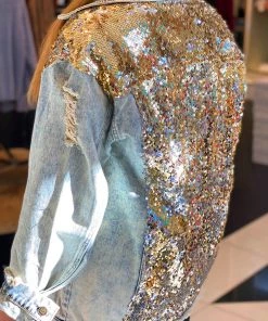 L & B Rose Gold Sequin Distressed Denim Jacket Women's Clothing