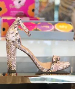 Soda Women's Clothing Gold Snakeskin Block Heeled Sandal