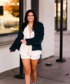 Blue Blush Dark Green Bell Sleeve Furry Cropped Jacket