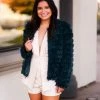 Blue Blush Dark Green Bell Sleeve Furry Cropped Jacket