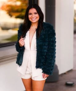 Blue Blush Dark Green Bell Sleeve Furry Cropped Jacket