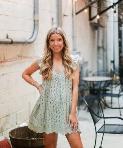 Mustard Seed Sage Green Embroidered Lace Babydoll Romper