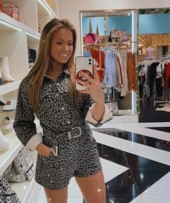 Le Lis Green Leopard Denim Long Sleeve Romper