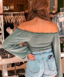 In The Beginning Green Long Sleeve Smocked Top Women's Clothing