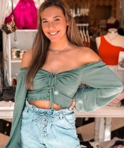 In The Beginning Green Long Sleeve Smocked Top Women's Clothing