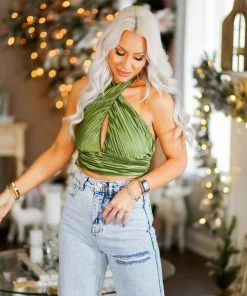 Le Lis Green Satin Halter Neck Top Women's Clothing