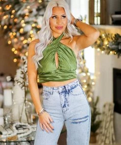 Le Lis Green Satin Halter Neck Top Women's Clothing