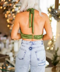 Le Lis Green Satin Halter Neck Top Women's Clothing