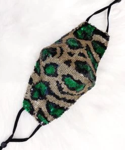 Hana Women's Clothing Green And Gold Leopard Sequin Face Mask