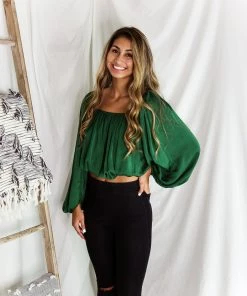 HYFVE Green Silky Off The Shoulder Bubble Sleeve Top Women's Clothing