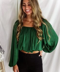 HYFVE Green Silky Off The Shoulder Bubble Sleeve Top Women's Clothing