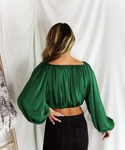 HYFVE Green Silky Off The Shoulder Bubble Sleeve Top Women's Clothing