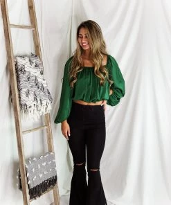 HYFVE Green Silky Off The Shoulder Bubble Sleeve Top Women's Clothing