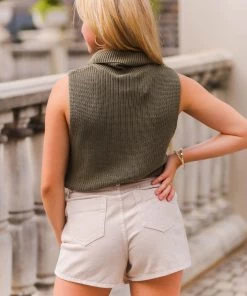 Le Lis Olive Green Sleeveless Turtle Neck Knit Top