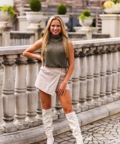 Le Lis Olive Green Sleeveless Turtle Neck Knit Top