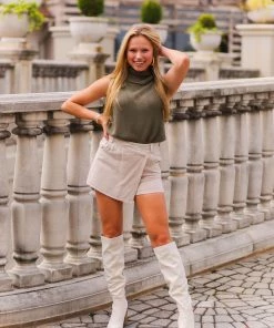 Le Lis Olive Green Sleeveless Turtle Neck Knit Top