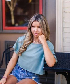 Le Lis Women's Clothing Green Slouchy Shoulder Crop Top