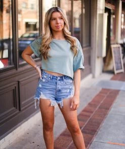 Le Lis Women's Clothing Green Slouchy Shoulder Crop Top