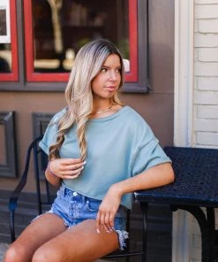 Le Lis Women's Clothing Green Slouchy Shoulder Crop Top