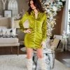 Adele B Women's Clothing Green Velour Long Sleeve Button Down Mini Dress