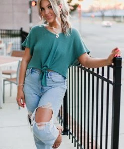 HYFVE Green Waffle Knit Front Tie Top