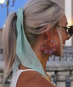 Golden Stella Green Striped Hair Scarf Scrunchie - Green/White Hair Accessories