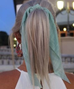 Golden Stella Green Striped Hair Scarf Scrunchie - Green/White Hair Accessories