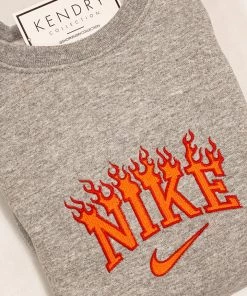 Vintage Distressed Women's Clothing Grey And Orange Flame Burns Crewneck Sweatshirt