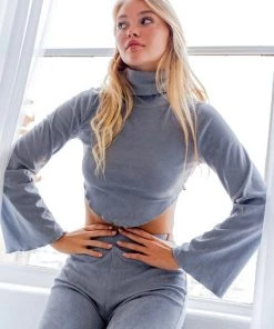 Le Lis Women's Clothing Grey Bell Sleeve Lace Up Back Crop Top