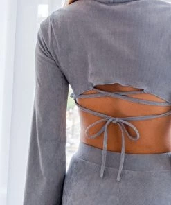 Le Lis Women's Clothing Grey Bell Sleeve Lace Up Back Crop Top