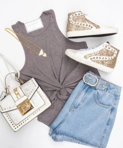 Dress Forum Grey High Neck Flared Tank Top Women's Clothing