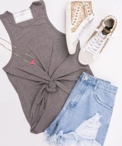 Dress Forum Grey High Neck Flared Tank Top Women's Clothing