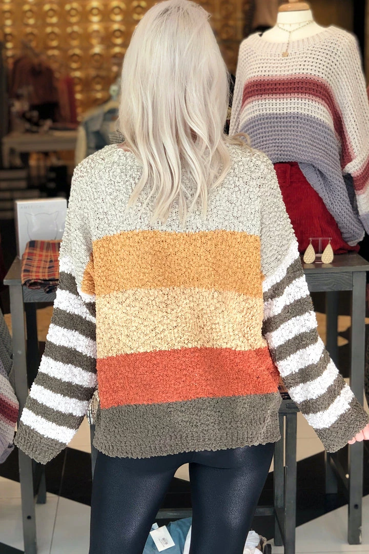 Newbury Kustom Harvest Hottie Striped Popcorn Sweater - Olive Women's Clothing