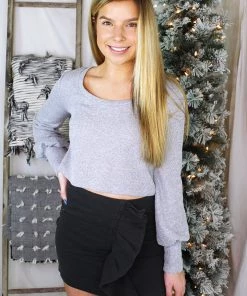 HYFVE Women's Clothing Heather Grey Cropped Knit Sweater Top