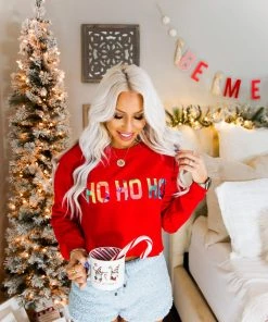 Vintage Distressed Ho Ho Ho Red Crewneck Women's Clothing