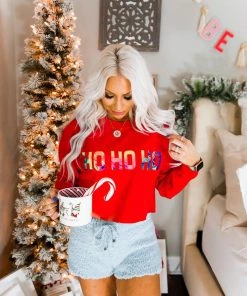 Vintage Distressed Ho Ho Ho Red Crewneck Women's Clothing