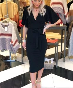 HYFVE Holiday Cheer V-Neck Open Back Midi Dress - Black