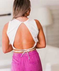 Le Lis White Back Tie Cropped Tank Top