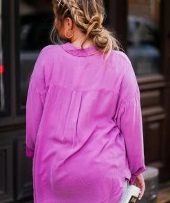 Eesome Women's Clothing Hot Pink Mineral Wash Button Down