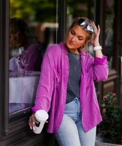 Eesome Women's Clothing Hot Pink Mineral Wash Button Down